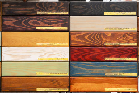 Paint samples on small wooden boards. Wood color guide. Minsk, Belarus, 2022のeditorial素材