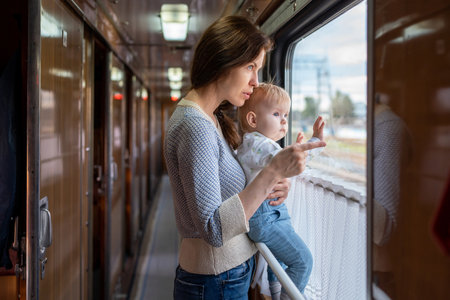 Family traveling in a train and looking through window. Mom shows his baby something outside window. Woman with child traveling by public transport.の写真素材