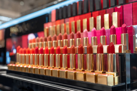 Lipstick With Different Colorful Tones In A Row. Selective focusの写真素材