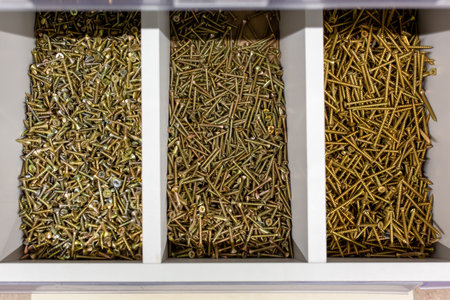 Box with screws of different sizes in a store or workshop. Storage compartments filled with various self-tapping screws for wood.の写真素材