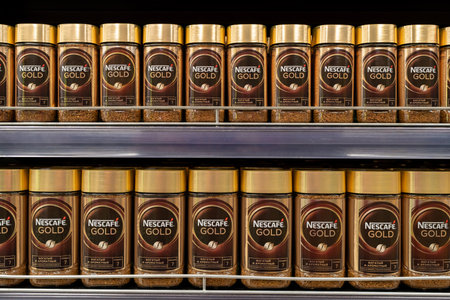 Nescafe Gold coffee on store shelf. Nescafe instant coffee. Nescafe is a brand of instant coffee...