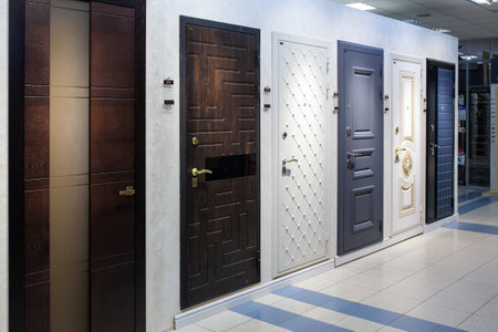 Shop window of doors. A large selection of doors for house.