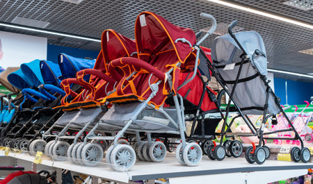 Row of baby strollers in children's store, nobody. Minsk, Belarus, 2022のeditorial素材
