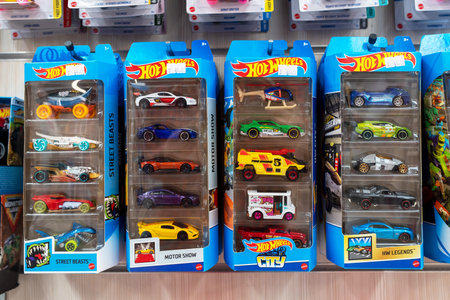 Hot Wheels Kids toys cars for sale at store. Hot Wheels is a brand scale die-cast toy cars introduced by American toy maker Mattel. Minsk, Belarus, 2022のeditorial素材