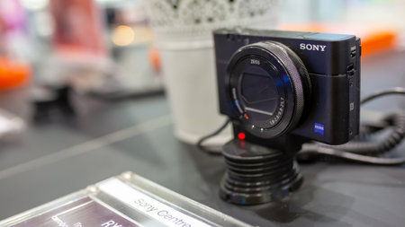 Sony RX100 series camera on display for sale in Sony Center. Minsk, Belarus, 2022のeditorial素材