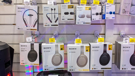 New SONY headphones are shown in electronic store. Minsk, Belarus, 2022