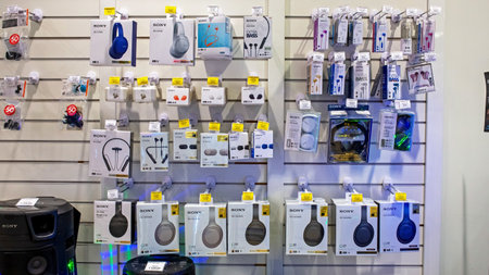New SONY headphones are shown in electronic store. Minsk, Belarus, 2022