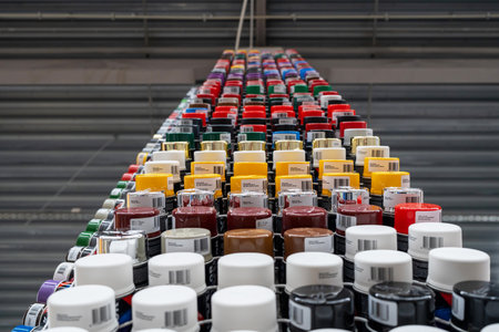 Rack with multi-colored spray paint containers. Art background. Time to redesign, color palette.の写真素材