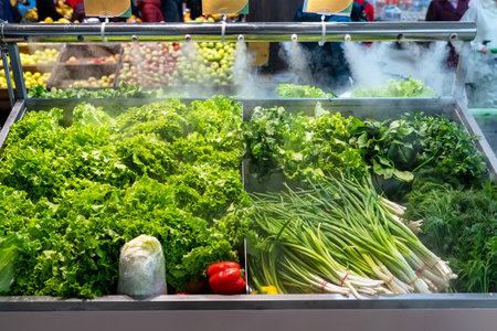 Sale of fresh green vegetables - lettuce salad, parsley, dill, green onions, herbs. Fresh herbs on display at grocery store under cooling water steam.の写真素材