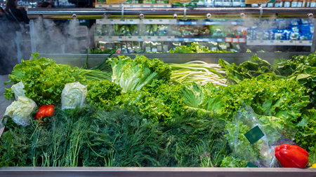 Sale of fresh green vegetables - lettuce salad, parsley, dill, green onions, herbs. Fresh herbs on...