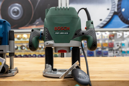 Bosch POV 1400 ACE router on a store shelf. Minsk, Belarus, 2022のeditorial素材
