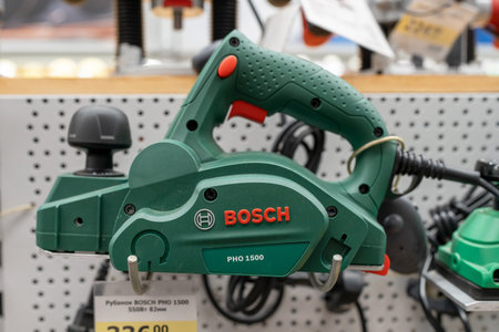 Bosch Electric Planer for wood on a store shelf. Minsk, Belarus, 2022のeditorial素材