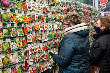 Seeds of various vegetables, herbs and green salads are sold in the store. Buyers choose vegetable seeds in a store among a large assortment. Minsk, Belarus, 2022のeditorial素材