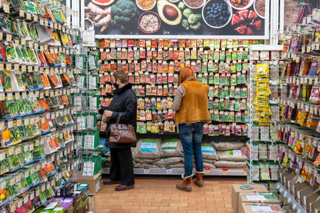A large assortment of seeds of vegetables, green salads, herbs, flowers and other plants in the store. Minsk, Belarus, 2022のeditorial素材