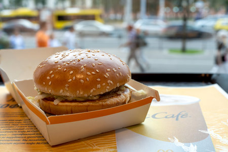 Open box with Big Mac burger on the table in McDonald's restaurant. Minsk, Belarus, 2022のeditorial素材