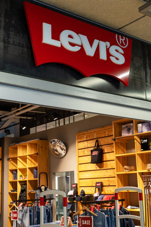 Levi's Store in the mall. Levi Strauss Founded In 1853, Is An American Clothing Company Known Worldwide For It's Levi Strauss Brand Of Denim Jeans. Minsk, Belarus, 2023のeditorial素材