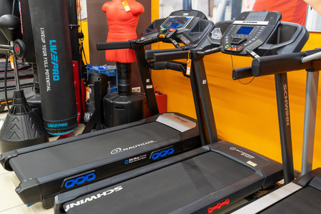 Treadmills for sale in a sporting goods store. Minsk, Belarus, 2023のeditorial素材