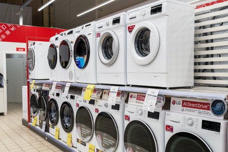Washing machines on sale at Store. Minsk, Belarus, 2023のeditorial素材