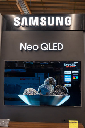 Samsung Logo and TV Neo Qled inside electronics store. Minsk, Belarus, 2023のeditorial素材