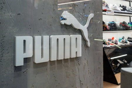 Puma sport brand on store. Close up shot of sign as seen at sport shoes store. Minsk, Belarus, 2023のeditorial素材