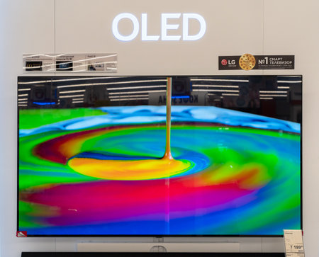 LG OLED TV on display at electrical store. Minsk, Belarus, 2023のeditorial素材
