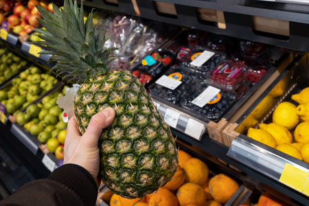 Pineapple in the hands of the buyer in grocery store. Buyer selects fresh pineapple indoors at food marketの写真素材