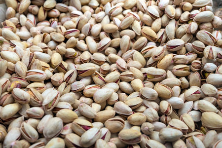 Pistachios texture and background. Roasted and salted pistachios in shell