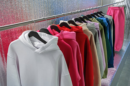 Hoodies on hangers in a clothing store. Row of colorful youth hooded sweatshirt on a clothes rack.の写真素材