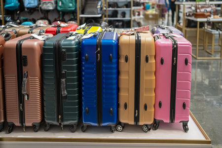 Multi-colored suitcases are sold in a store. A customer chooses a suitcase for luggage in a department store. Tourism.の写真素材