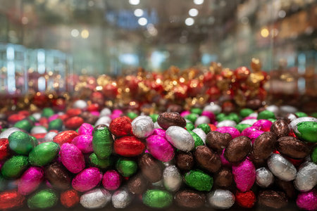Lots of candies in colorful packages on the shop window. Colored candy in the form of eggs.
