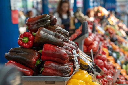 Raw juicy red bell pepper and vegetables on display at a food market. Selective focus on sweet...