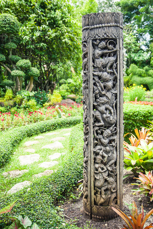 Old wooden posts carved ornamental garden.の写真素材