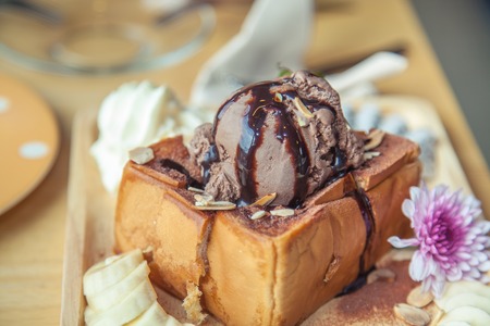 Ice cream chocolate honey toast with bananasの写真素材