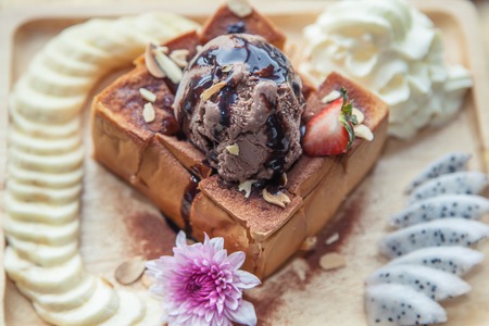 Ice cream chocolate honey toast with bananasの写真素材