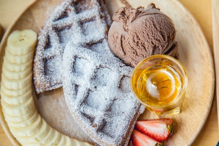 Waffle and chocolate  ice cream with bananasの写真素材