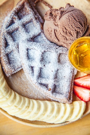 Waffle and chocolate  ice cream with bananasの写真素材