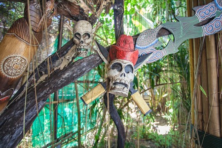Skull mask on garden decorの写真素材