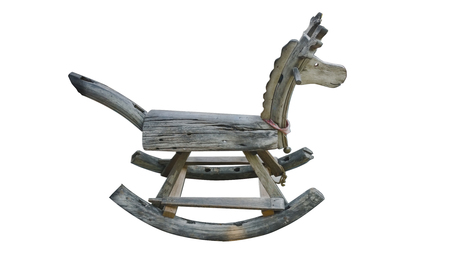 Old wooden rocking horse chair children isolated on white backgroundの写真素材