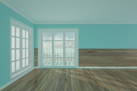 Empty room with green tones of vintage wood floors with sea views - 3D rendering.