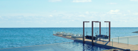 Sea view Beautiful view of Balcony outdoor with  the sea at sunlight  ,Vintage Tone - 3d renderingの写真素材