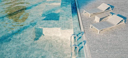 Beautiful view of Swimming Pool with  the sea at sunlight  - 3d renderingの写真素材