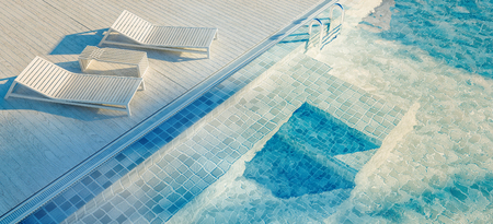 Beautiful view of Swimming Pool with  the sea at sunlight  - 3d renderingの写真素材