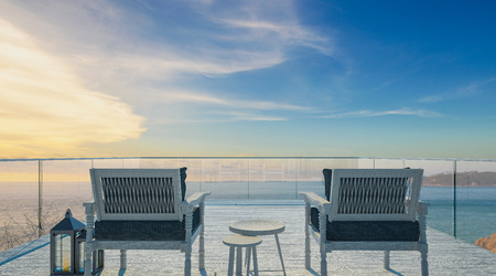 Sea view swimming pool in modern loft design,Luxury ocean Beach house, 3d renderingの写真素材