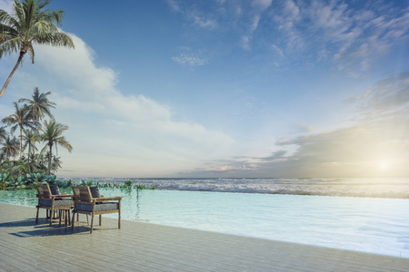Sea View Andaman sea Beautiful Swimming pool with armchair and wooden floor  - 3d renderingの写真素材