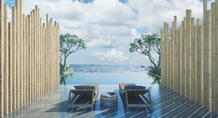 Balcony private pool with bamboo wall, sea view at sunlight  - 3d renderingの写真素材