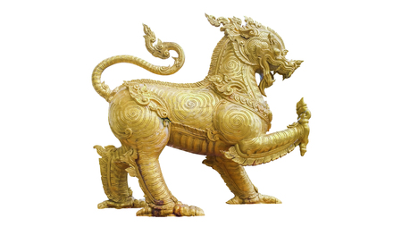 Sculpture of golden male Leo statue on a white background.