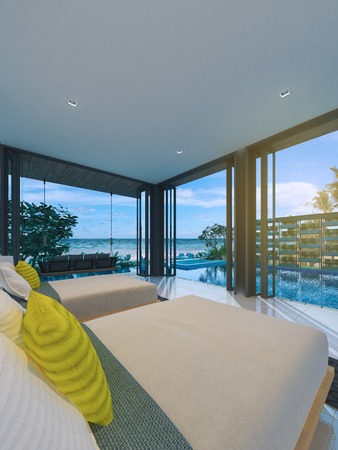 Sea view swimming pool in modern loft design,Luxury ocean Beach house, 3d renderingの写真素材