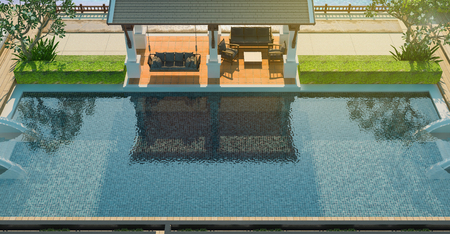 Sea view swimming pool and pavilion in modern loft design,Luxury ocean Beach house, 3d renderingの写真素材