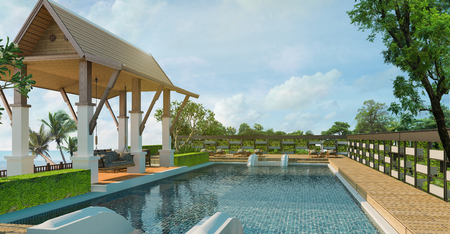 Sea view swimming pool and pavilion in modern loft design,Luxury ocean Beach house, 3d renderingの写真素材