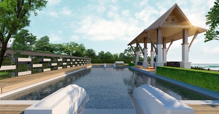 Sea view swimming pool and pavilion in modern loft design,Luxury ocean Beach house, 3d renderingの写真素材